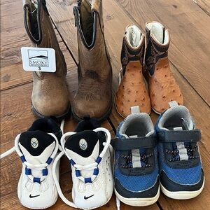 Baby cowboy boots and athletic shoes size 3 except the ropers 0-6 mo